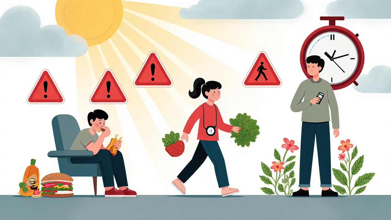 A person transforms from unhealthy habits to vibrant health, with warning signs turning into flowers.