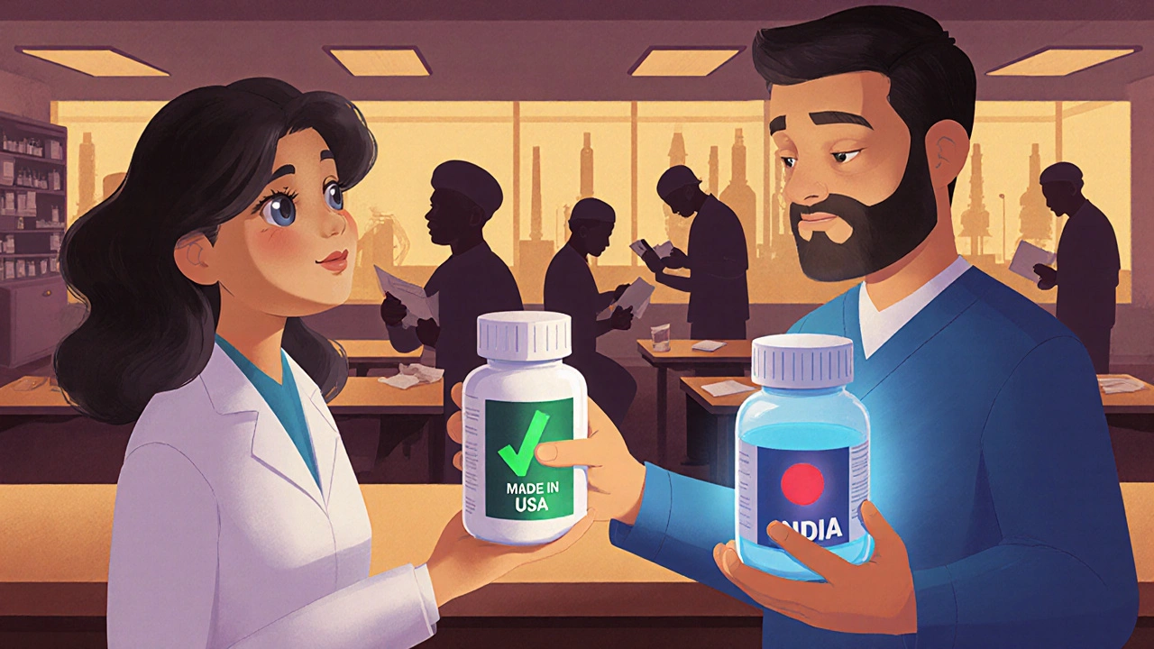 A pharmacist hands two pill bottles—one safe, one risky—to a concerned patient.