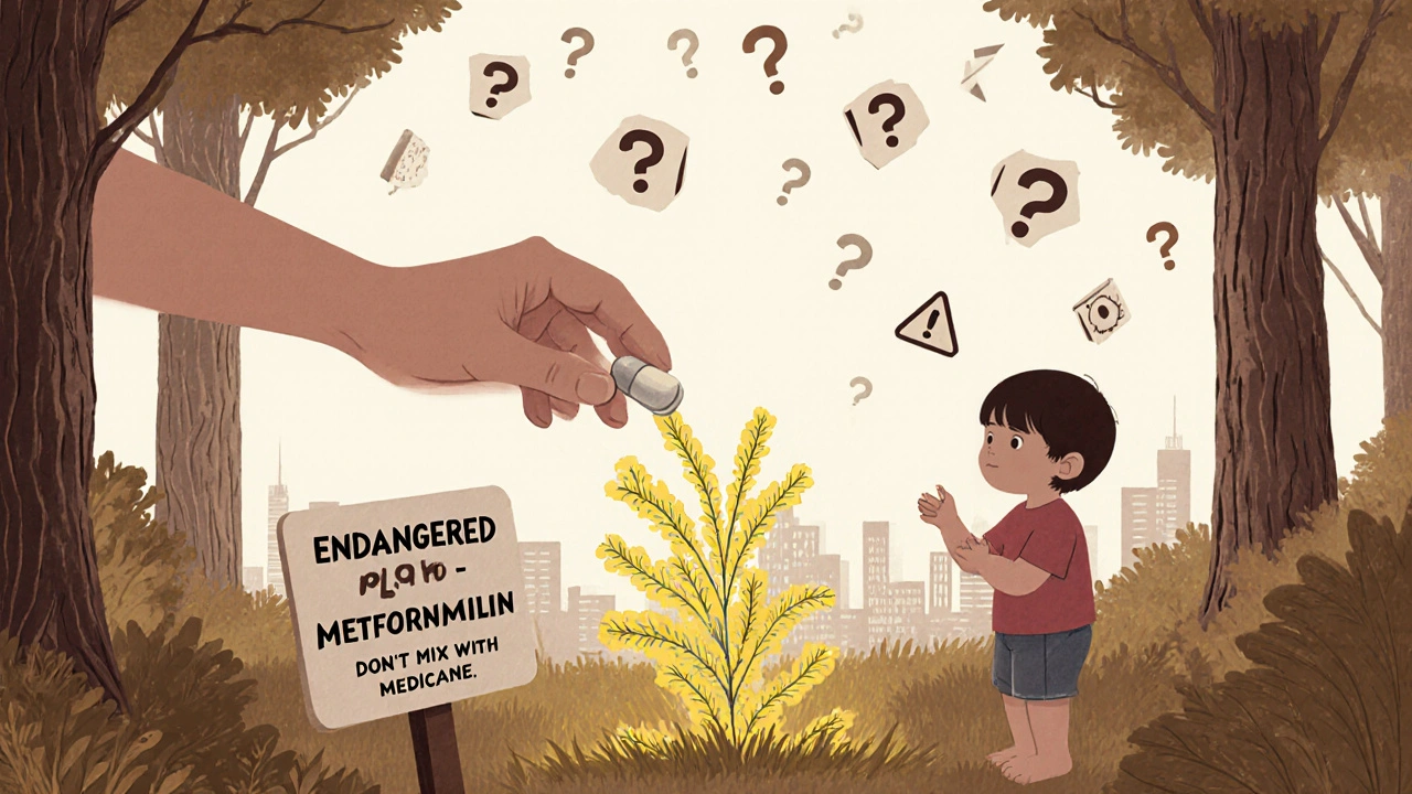 A rare goldenseal plant being harvested beside a child holding metformin, under a sky of warning symbols.