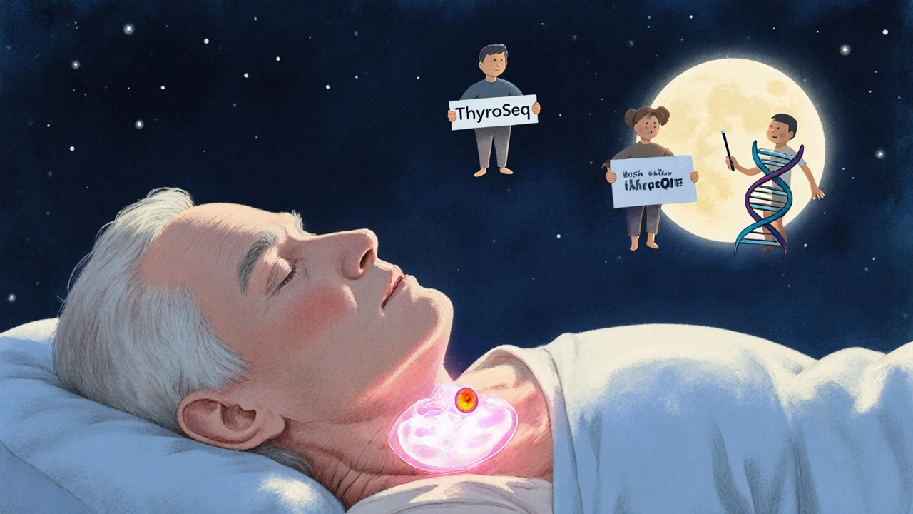 An elderly person sleeping with a quiet thyroid nodule, accompanied by floating figures representing ultrasound, DNA testing, and watchful monitoring.