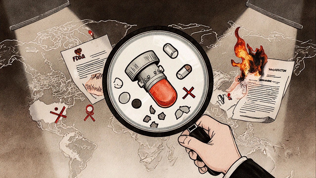 An FDA inspector examines a pill under a magnifying glass, revealing hidden impurities.