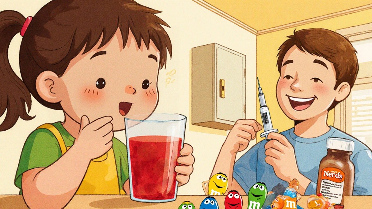 Child swallowing a pill with candies as training steps, parent smiling nearby.