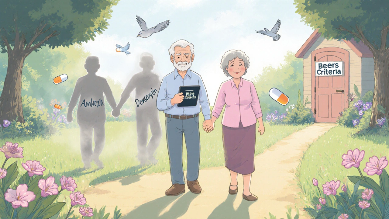 Couple walking in garden, leaving behind risky pills, heading toward independence.