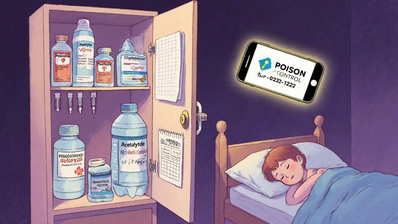 Locked medicine kit with syringes, fluids, and dosing charts, child sleeping peacefully.