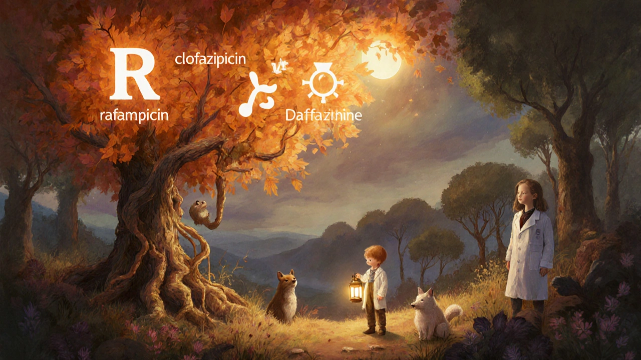 Magical forest with medical symbols, Dapsone lantern dimming as rifampicin shines
