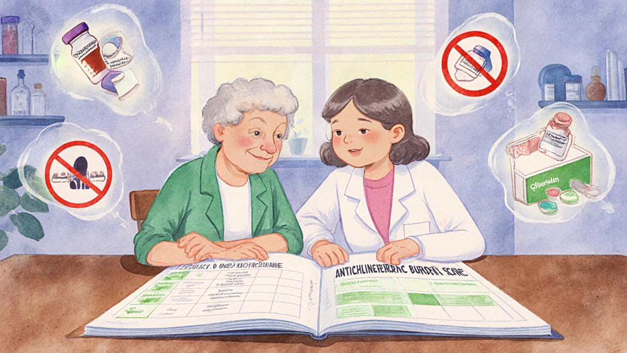 Senior and pharmacist reviewing medication chart with warning icons and safer alternatives.