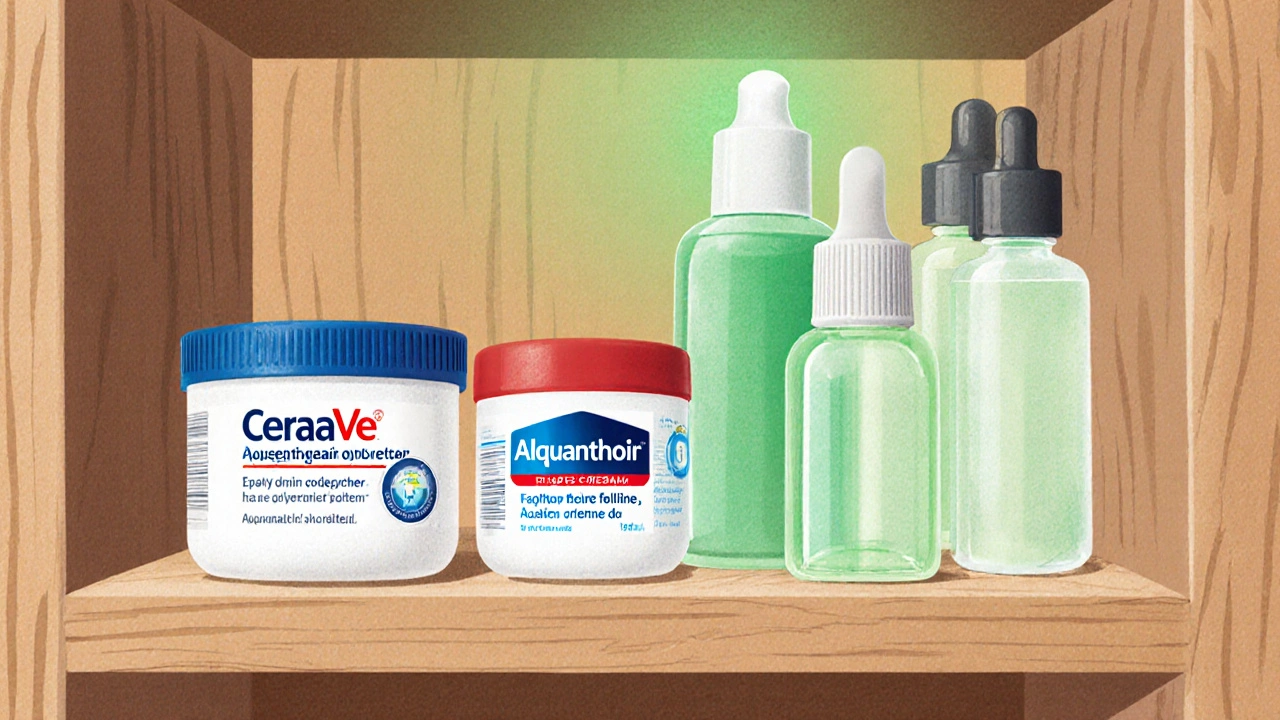 Skincare products with allantoin standing as calm heroes beside flashy but tired serums.