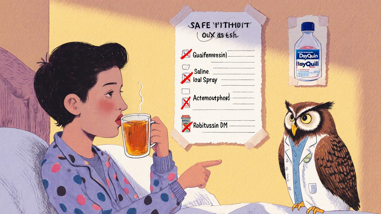 Someone drinking tea while an owl guides them to a list of safe cold remedies.