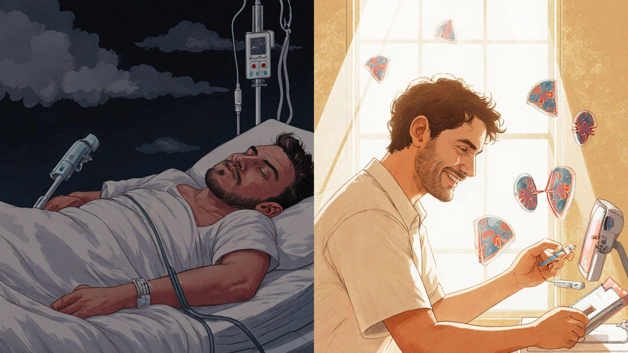 Split scene: one side shows a man in crisis, the other the same man getting a simple blood test with protective light.