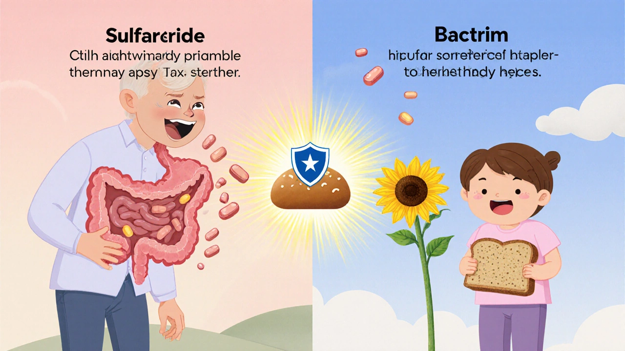 Split scene: sulfapyridine causing stomach upset vs. Bactrim with sunflower