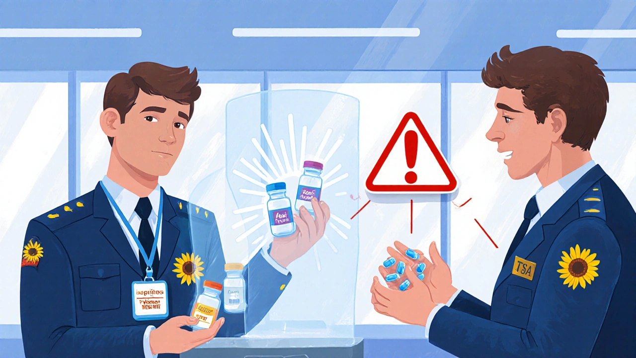 Traveler showing labeled pills to a TSA officer with a sunflower lanyard at airport security.
