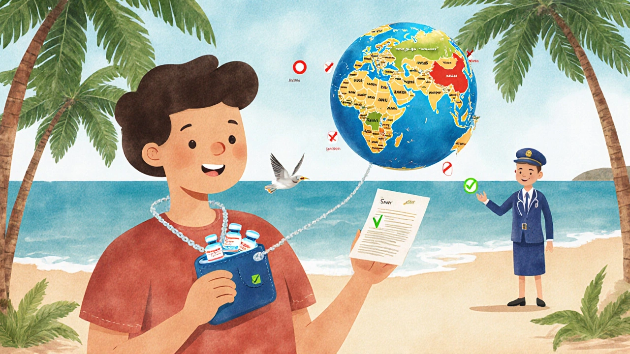 Traveler wearing a cooling wallet like a pendant, with a globe showing banned medication countries nearby.
