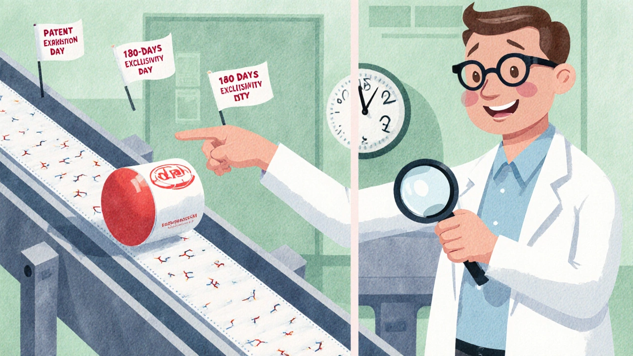 Two identical pills on separate conveyor belts in a factory, one with brand packaging, one plain, under a scientist&#039;s magnifying glass.