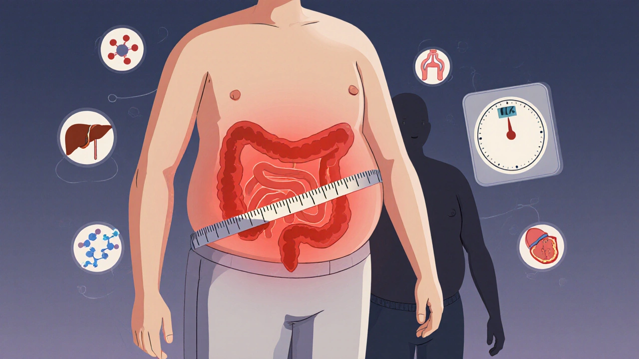 Two people with same weight but different belly fat—hidden visceral fat glows red inside one.