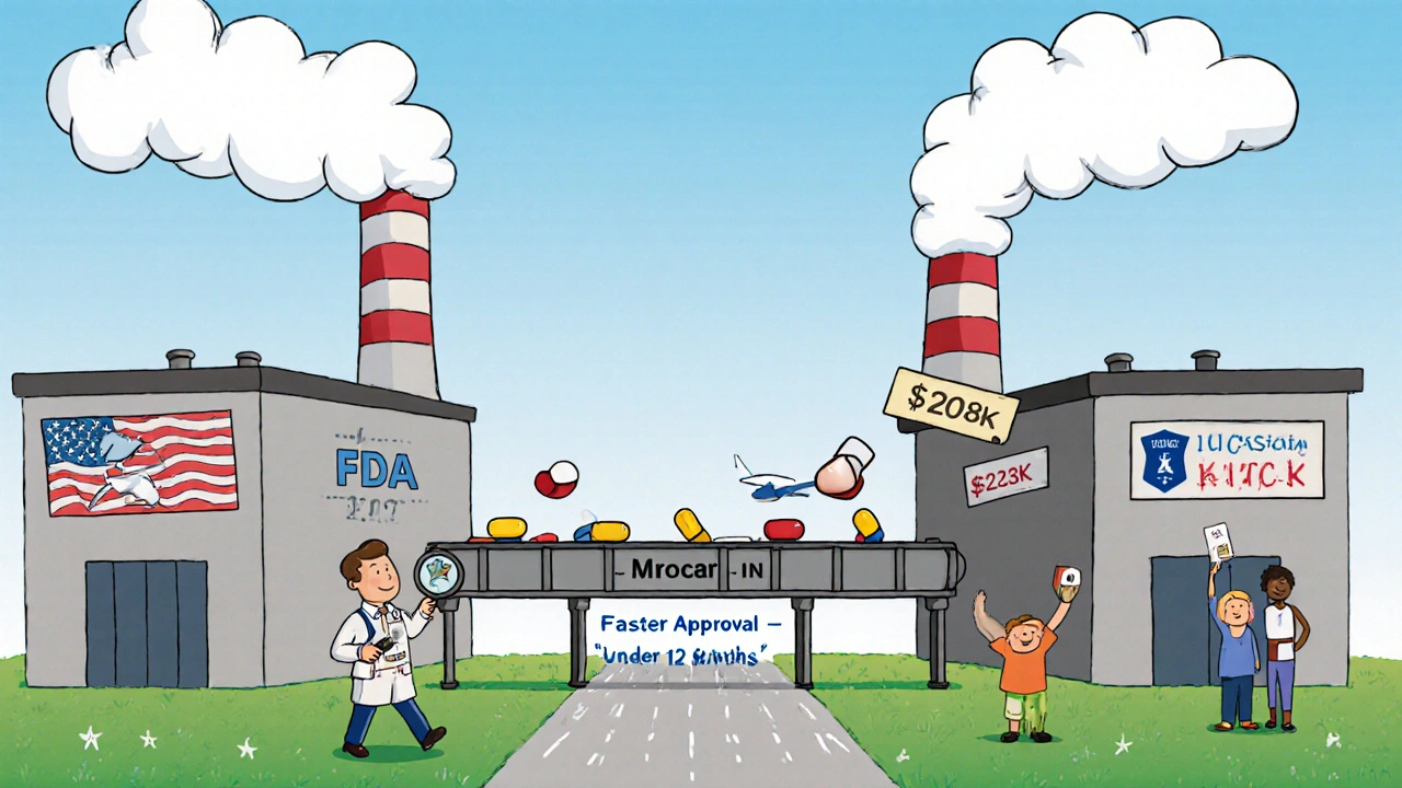 Whimsical illustration of U.S. and Indian drug factories with FDA inspector balancing fees, pills flowing to happy patients.