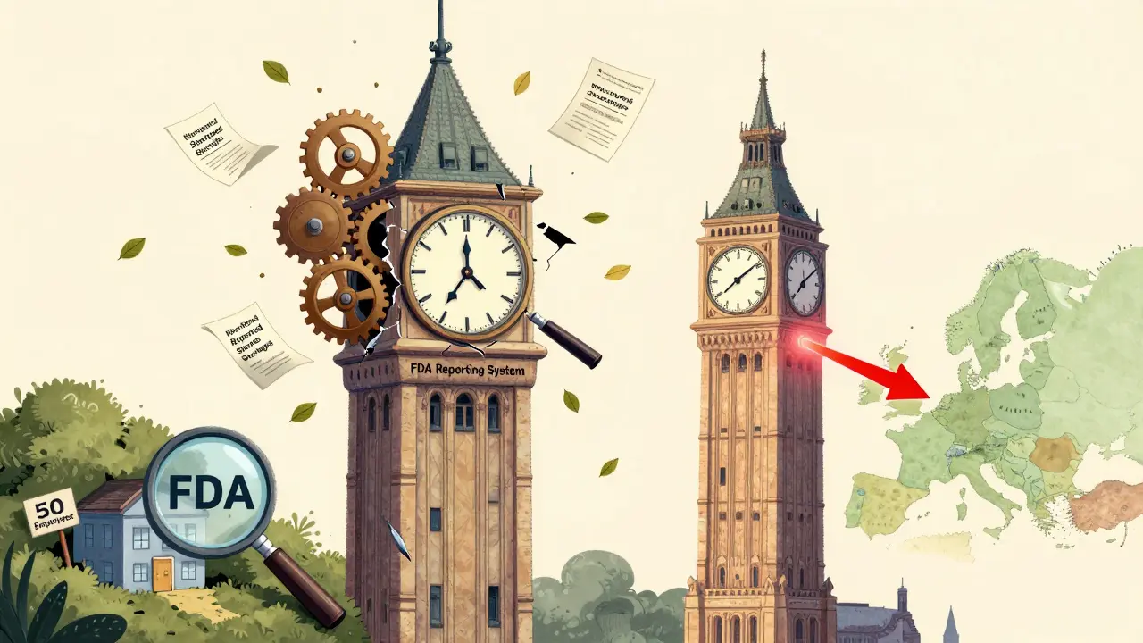 A broken clock tower symbolizing failed drug shortage reporting, with a small company hiding and a functioning EU tower nearby.