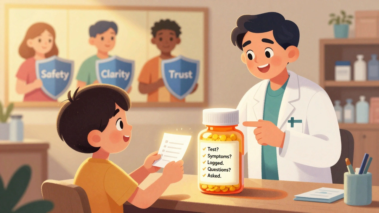 A child gives a safety checklist note to a pharmacist, as glowing warnings and shields of trust glow behind them.
