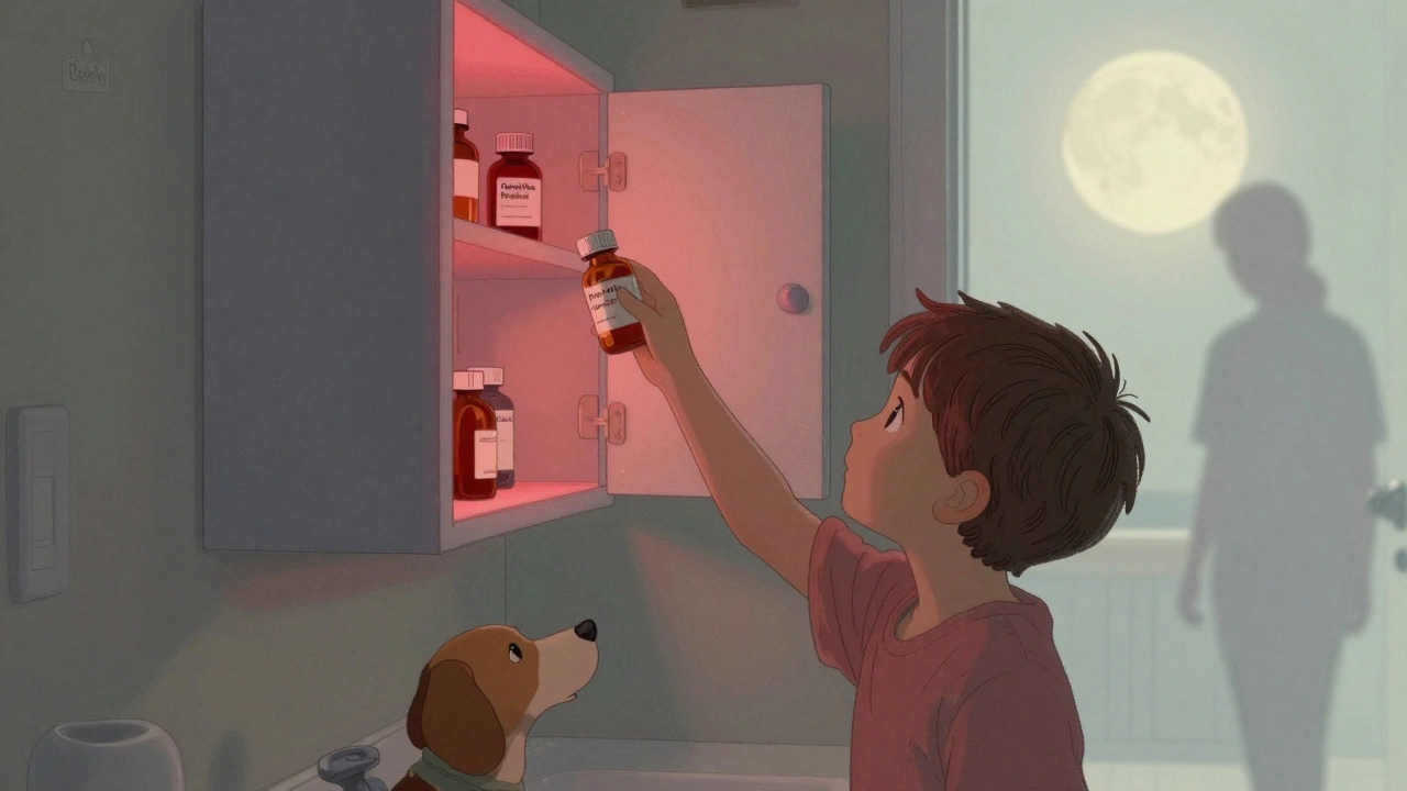 A child reaching into an unlocked bathroom medicine cabinet filled with dangerous pills.