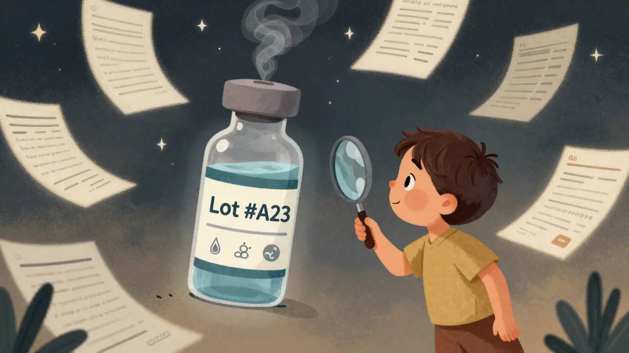 A child using a magnifying glass to examine a vaccine vial with floating symptoms, in gentle watercolor style.