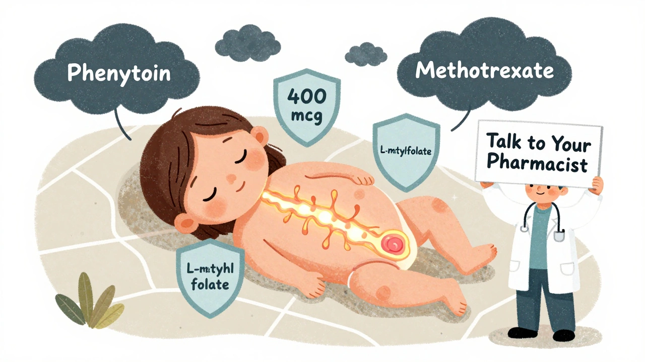 A childlike body map showing a baby&#039;s neural tube protected by folic acid shields, with warning clouds and a doctor nearby.