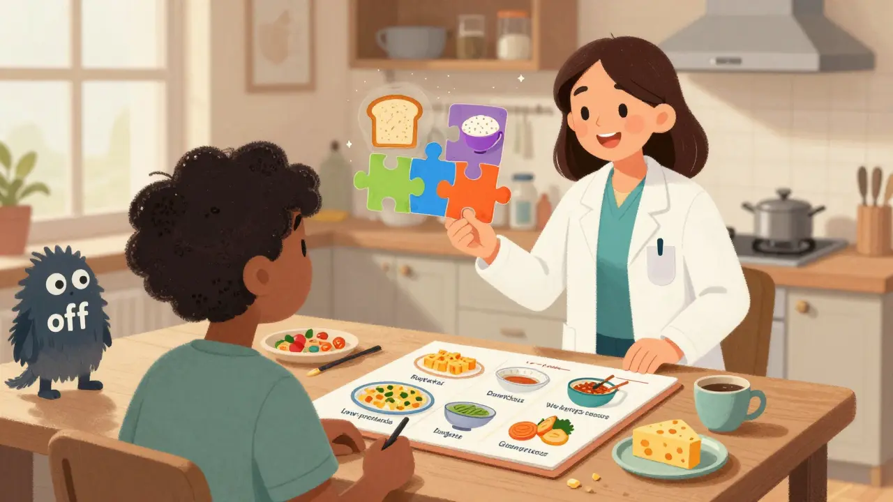 A dietitian helping a patient plan meals with colorful food icons, reducing Parkinson's 'off' periods through smart eating.
