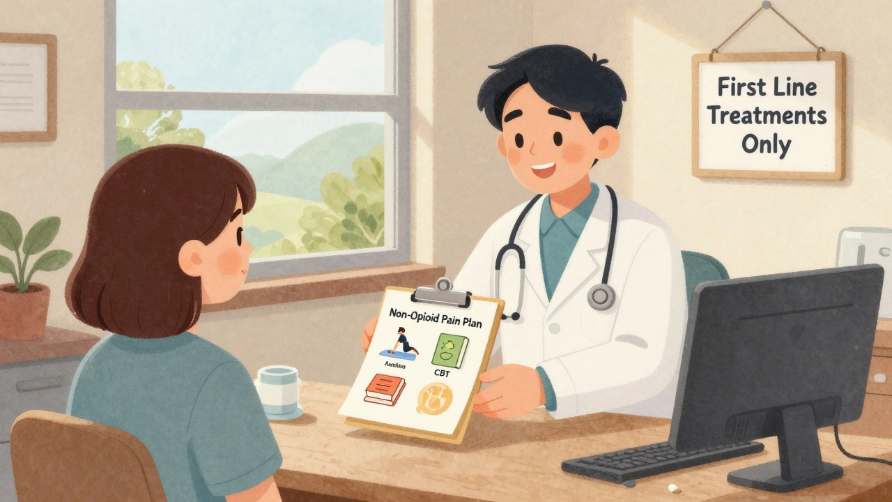 A doctor giving a patient a plan for non-opioid pain management with illustrated treatment options.