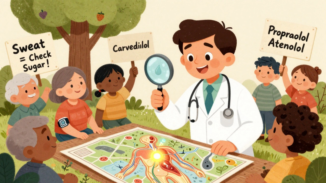 A doctor showing how sweat glands remain active while adrenaline signals fade, with carvedilol as the safest choice.