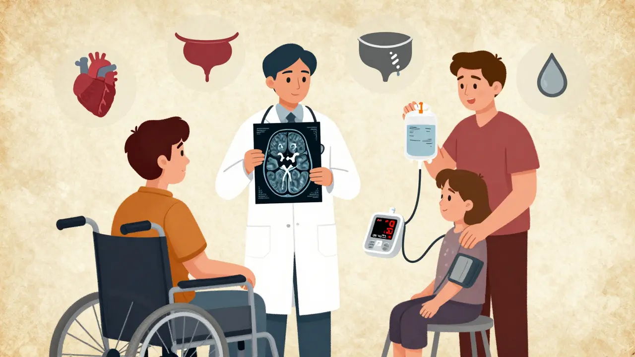 A doctor shows an MRI to a patient in a wheelchair, with icons of failing body systems floating around.