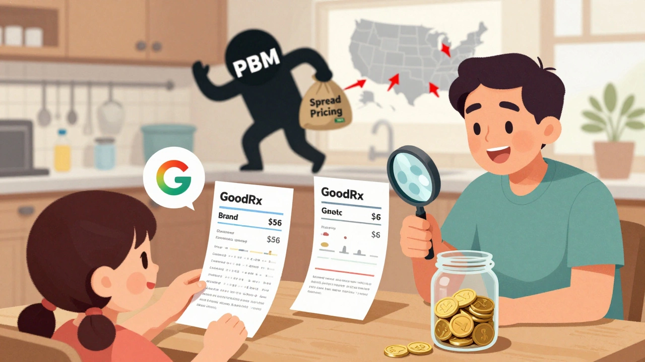 A family compares prescription prices at home, with a GoodRx app and map showing savings, while a shadowy figure tries to steal cash.