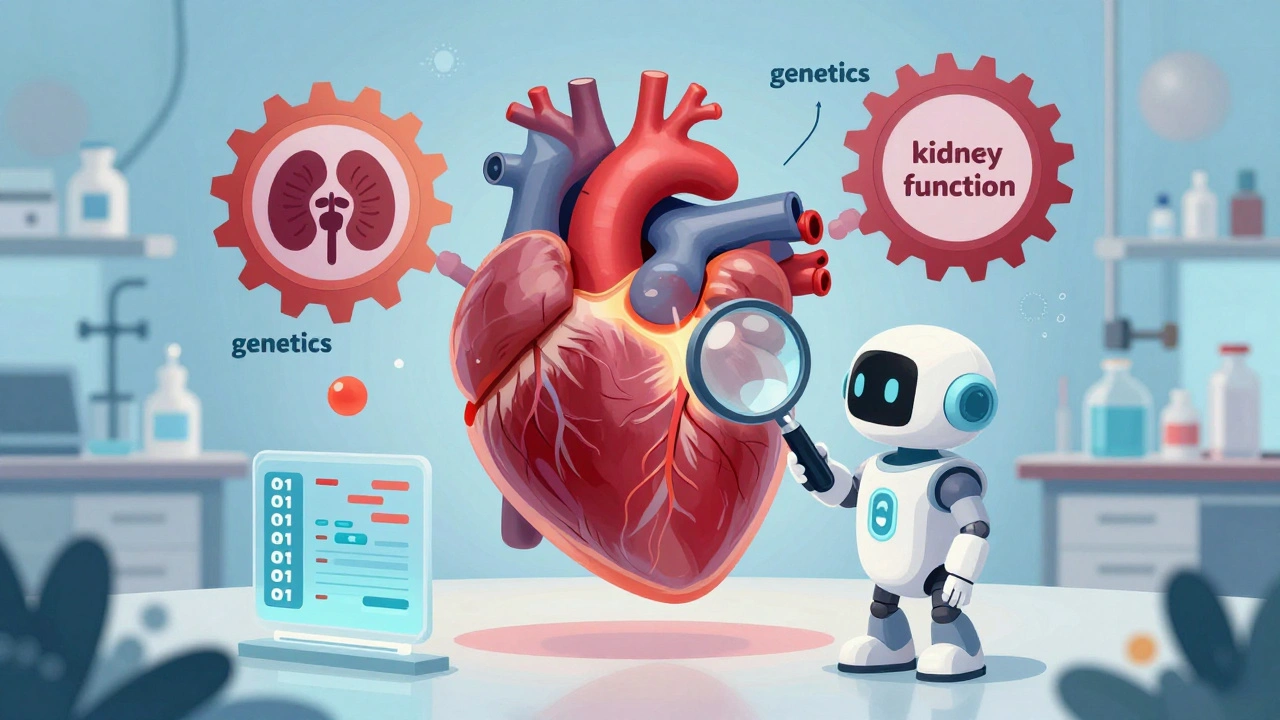 A glowing heart with floating data gears and a robot analyzing personalized health factors in a dreamy lab.