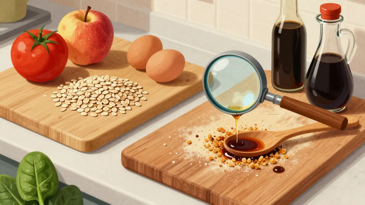 A kitchen with clean gluten-free foods on one board and contaminated items with invisible gluten particles on another.