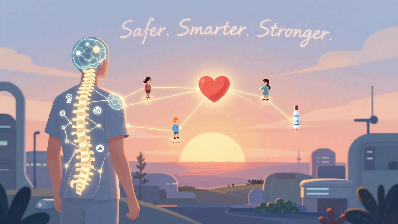 A neural network connecting pain relief methods like movement, medicine, and mindfulness to a heart.