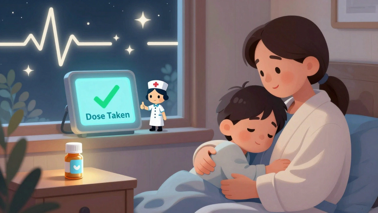 A parent at bedtime with a glowing smart pill bottle and a nurse avatar on a monitor, symbolizing safe home chemotherapy.