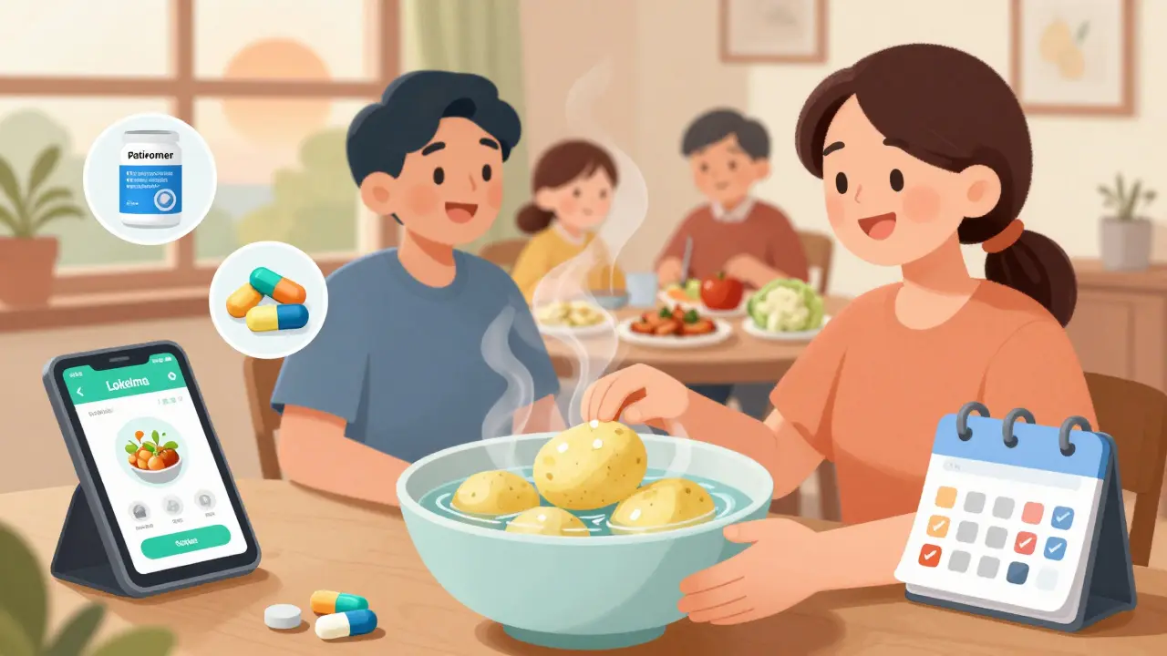 A patient leaching potatoes while floating icons show medication and a food app, with family enjoying a safe meal.