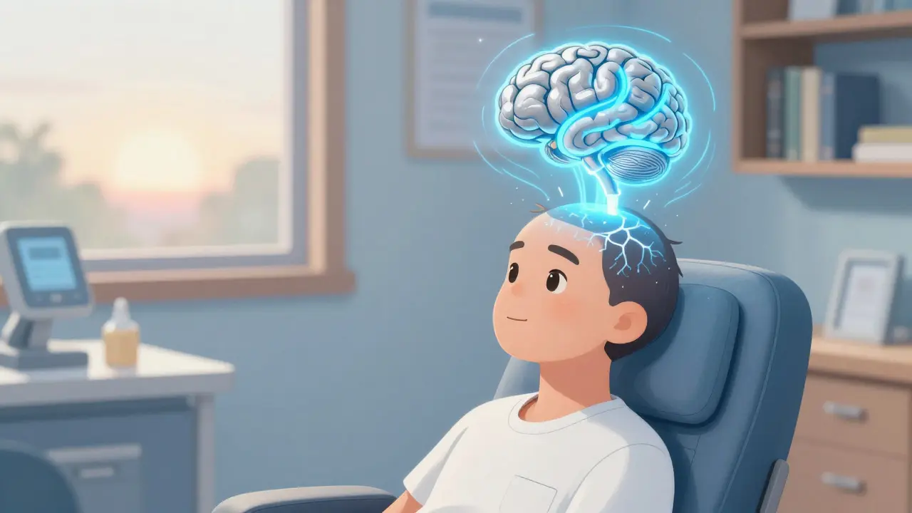 A patient receiving rTMS therapy with magnetic waves gently stimulating the brain.