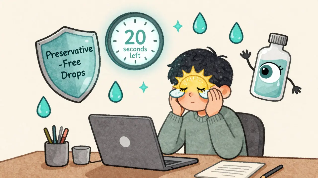 A person at a desk follows the 20-20-20 rule, with preservative-free eye drops and a warm compress bringing relief to their eyes.