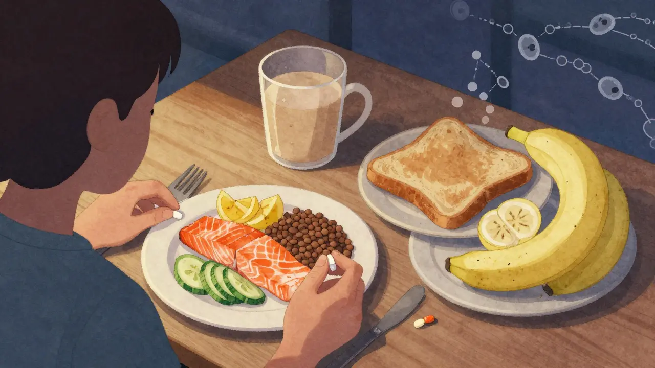 A person eating a protein-rich dinner at night while a low-protein breakfast remains untouched, showing timed medication strategy.