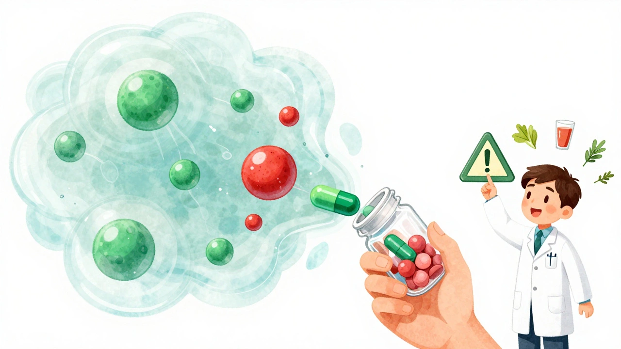 A person surrounded by interacting drug molecules, with warning symbols for food and medications interfering with treatment.