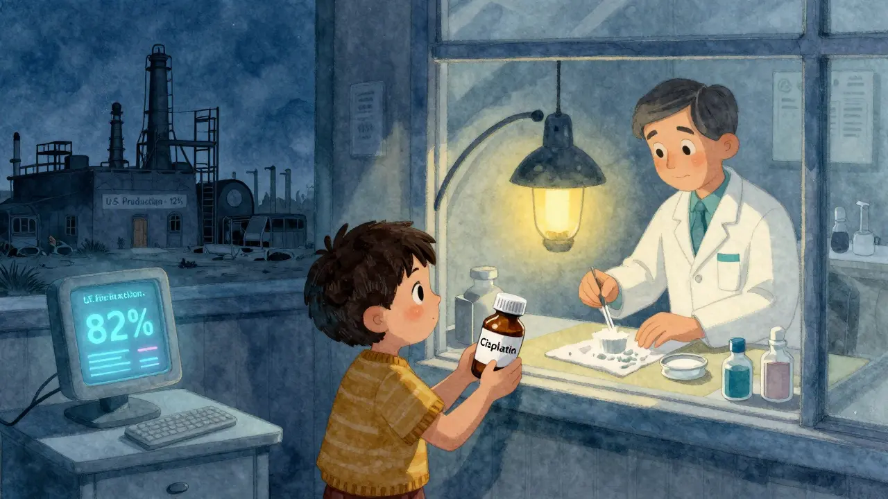 A pharmacist compounding medicine for a child as an idle U.S. factory looms, with an AI monitor predicting shortages in the corner.