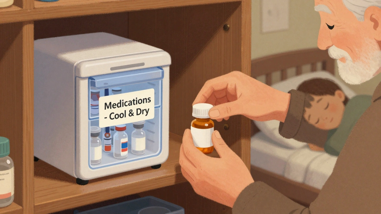 A safe bedroom closet with sealed medication storage and a small fridge for insulin.