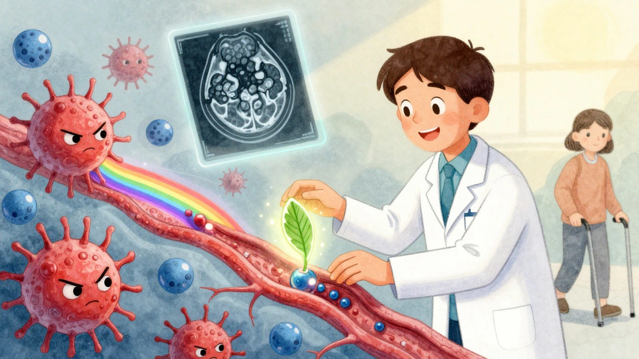 A scientist repairing a nerve with glowing molecules as microglia calm down in a hopeful scene.