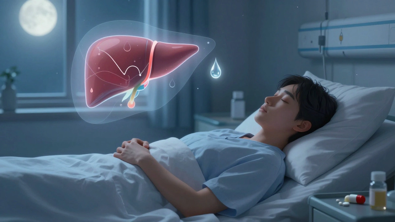 A sleeping patient with a glowing sweat bead and hidden low blood sugar graph above them in a hospital room.