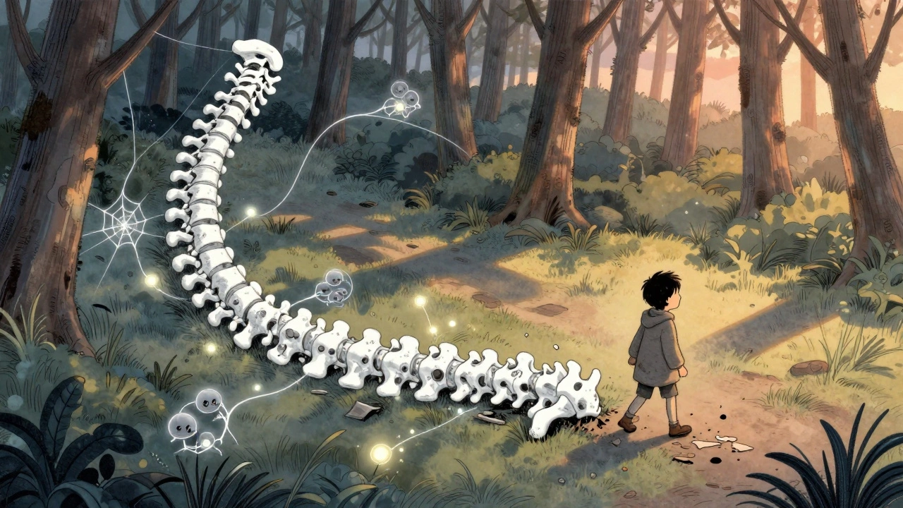 A spine path through a forest with fading myelin and immune damage, symbolizing MS progression.