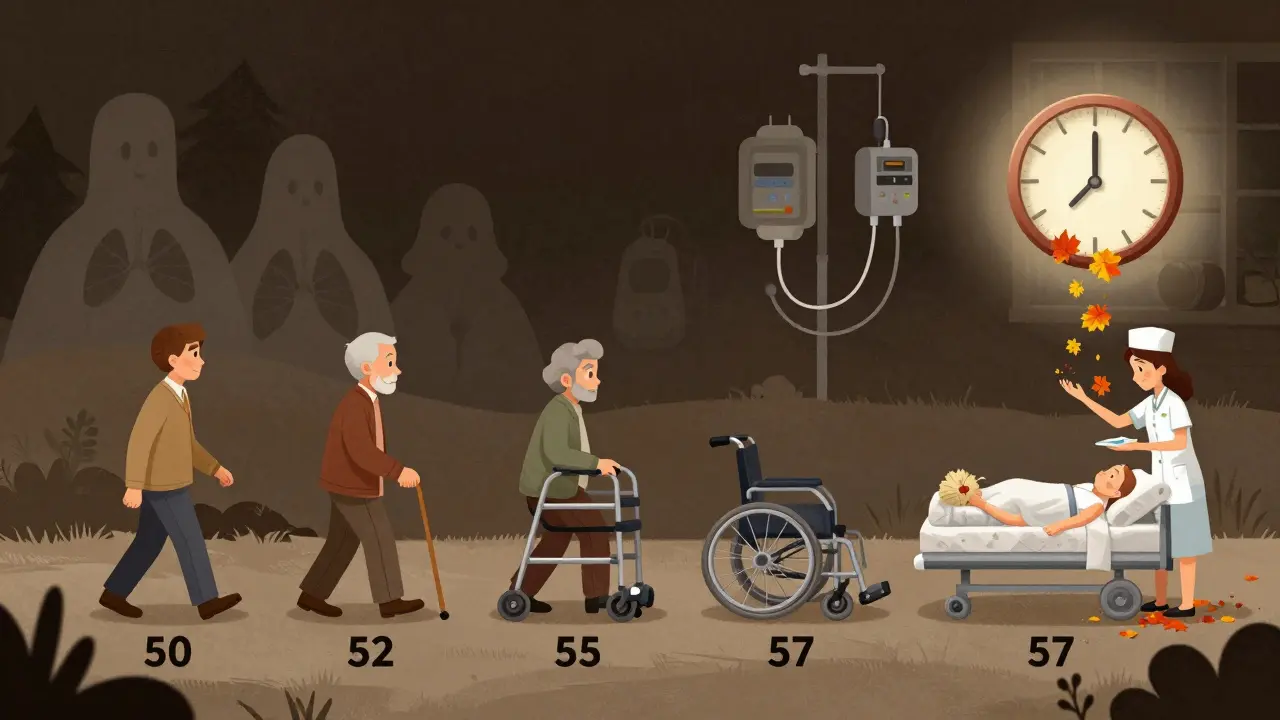 A timeline showing a person's decline from walking to wheelchair to bed, surrounded by medical symbols.