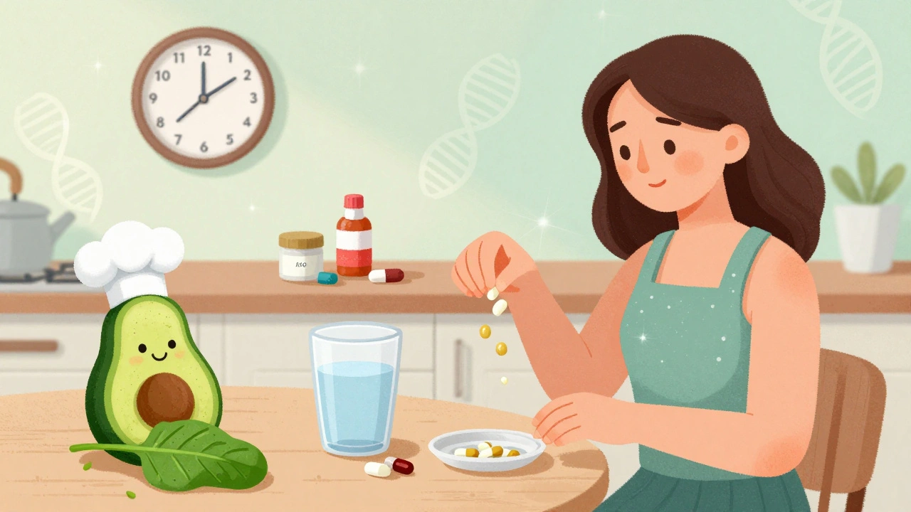 A woman separating folic acid from iron and calcium supplements in a kitchen, with clock and food symbols showing proper timing.
