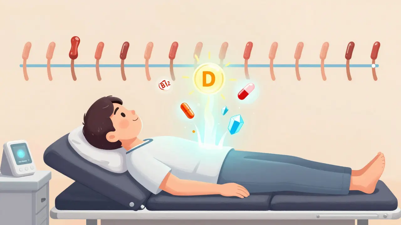 An adult receiving healing nutrients as their intestinal villi regrow, with a gluten-testing device nearby.