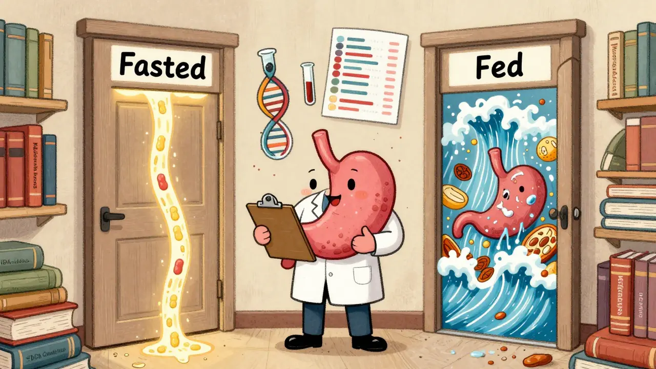 An anthropomorphic stomach between fasted and fed doors, with flowing molecules and science books in background.