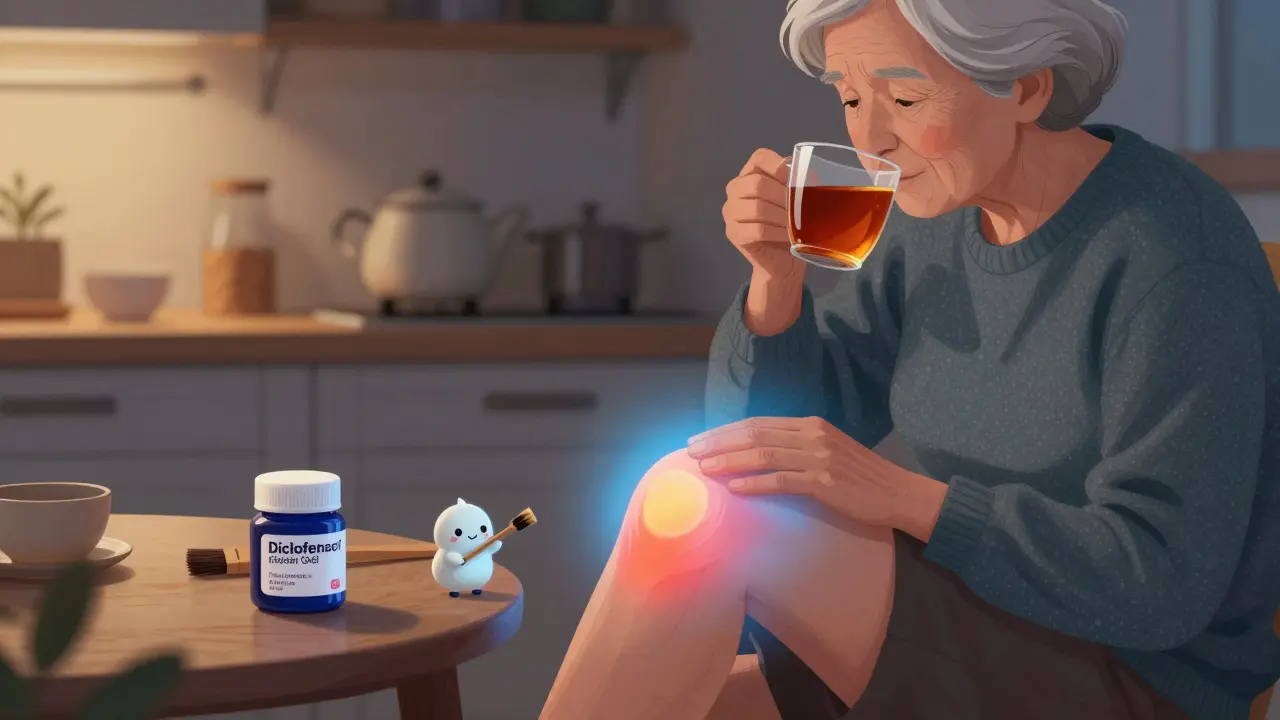 An elderly person applies topical gel to a knee, with calming blue light reducing pain.