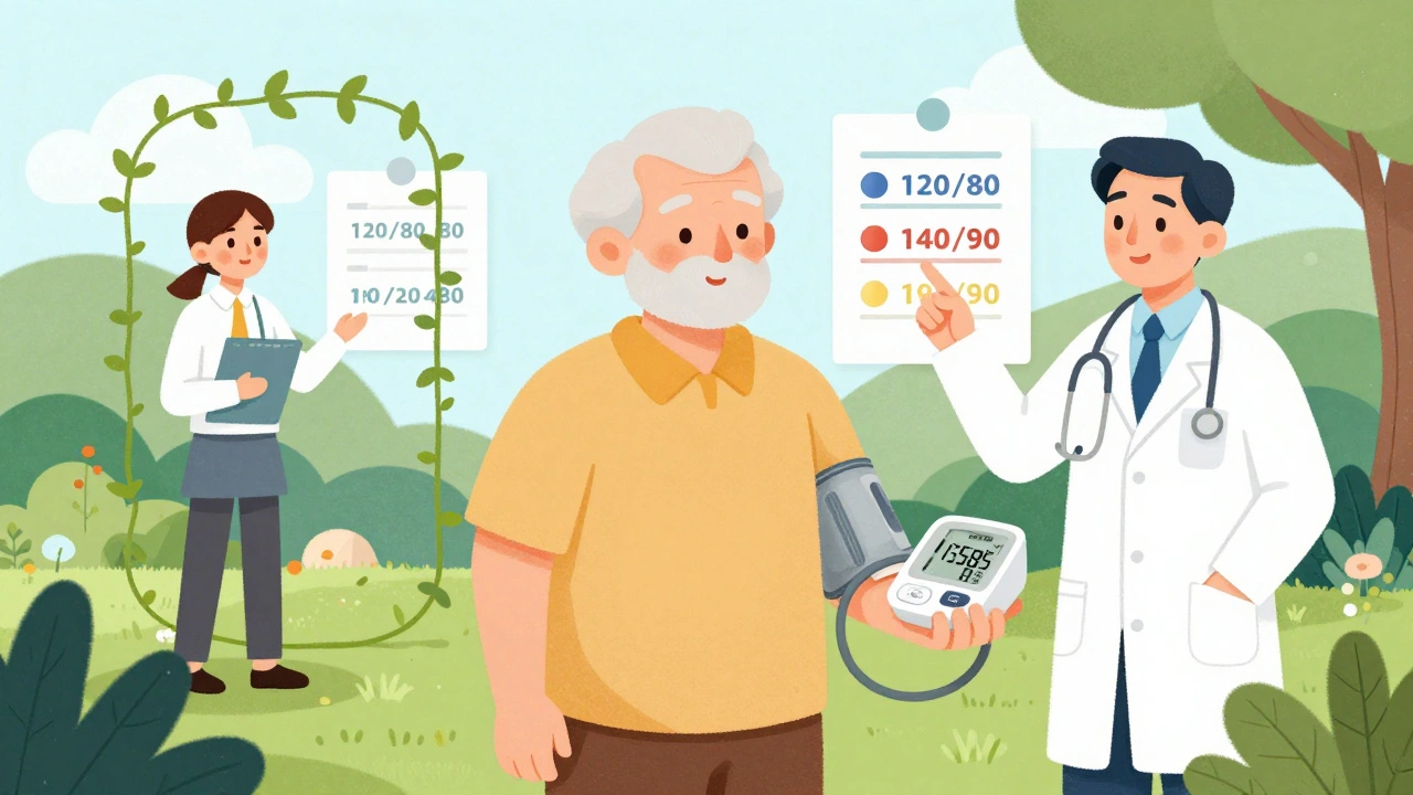An elderly person checking blood pressure at home, with age-appropriate targets shown on a vine-covered chart.