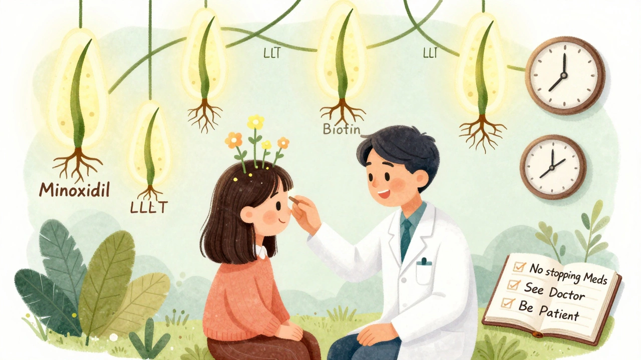 Dermatologist and patient under hair follicle trees with blooming sprouts, labeled treatments glowing softly